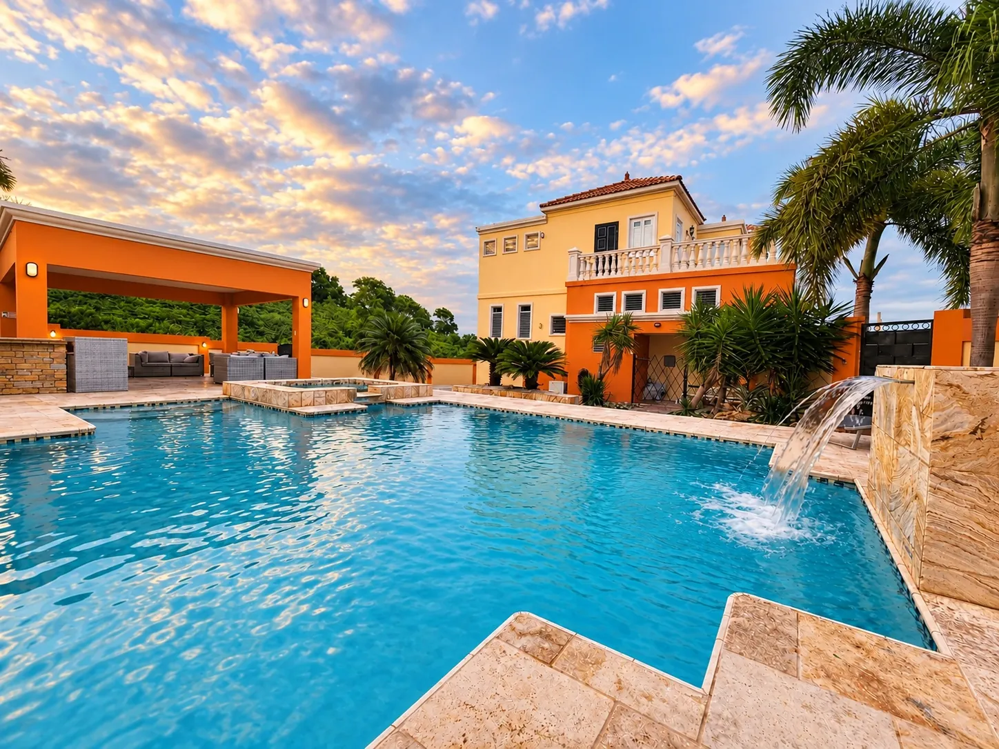 Oasis Escape House al atardecer: la piscina, la cascada de piedra, el gazebo y la casa